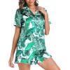 image:imageSWOMOG Womens Silk Satin Pajamas Set Short Sleeve Button Down Sleepwear Ruffle Hem Shorts PJ Sets TwoPiece LoungewearWhite Leaves