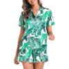 image:imageSWOMOG Womens Silk Satin Pajamas Set Short Sleeve Button Down Sleepwear Ruffle Hem Shorts PJ Sets TwoPiece LoungewearWhite Leaves