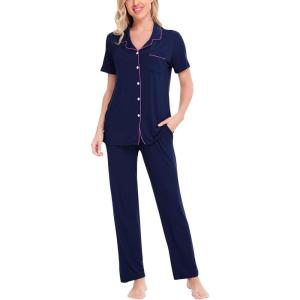 image:imageSWOMOG Women Pajama Sets TwoPiece Nightwear Short Sleeve Sleepwear Button Down Pj Lounge Sets with Long PantsNavy Blue