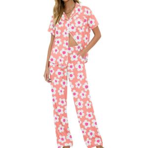 image:imageSWOMOG Women Pajama Sets TwoPiece Nightwear Short Sleeve Sleepwear Button Down Pj Lounge Sets with Long PantsPink Flower