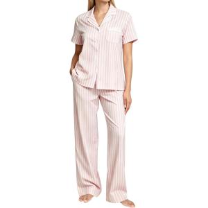 image:imageSWOMOG Women Pajama Sets TwoPiece Nightwear Short Sleeve Sleepwear Button Down Pj Lounge Sets with Long PantsPink Striped