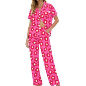 image:imageSWOMOG Women Pajama Sets TwoPiece Nightwear Short Sleeve Sleepwear Button Down Pj Lounge Sets with Long PantsRose Flower