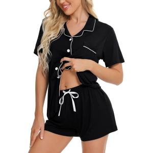 image:imageSWOMOG Womens Button Down Pajamas Set Short Sleeve Sleepwear Bride Soft Pj Lounge Sets XS3XLBlack