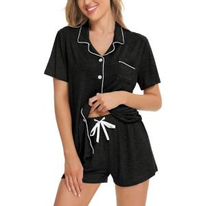 image:imageSWOMOG Womens Button Down Pajamas Set Short Sleeve Sleepwear Bride Soft Pj Lounge Sets XS3XLBlack Grey