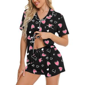 image:imageSWOMOG Womens Button Down Pajamas Set Short Sleeve Sleepwear Bride Soft Pj Lounge Sets XS3XLBlack Pink Heart
