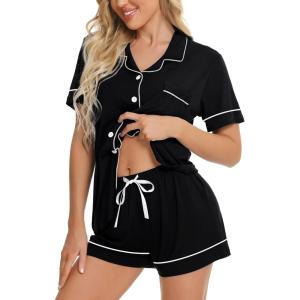 image:imageSWOMOG Womens Button Down Pajamas Set Short Sleeve Sleepwear Bride Soft Pj Lounge Sets XS3XLBlack Piping Trim