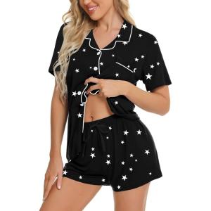 image:imageSWOMOG Womens Button Down Pajamas Set Short Sleeve Sleepwear Bride Soft Pj Lounge Sets XS3XLBlack Star