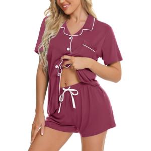 image:imageSWOMOG Womens Button Down Pajamas Set Short Sleeve Sleepwear Bride Soft Pj Lounge Sets XS3XLBurgundy
