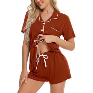 image:imageSWOMOG Womens Button Down Pajamas Set Short Sleeve Sleepwear Bride Soft Pj Lounge Sets XS3XLCaremel