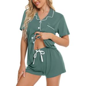 image:imageSWOMOG Womens Button Down Pajamas Set Short Sleeve Sleepwear Bride Soft Pj Lounge Sets XS3XLDark Green