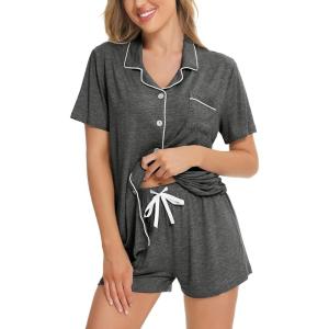 image:imageSWOMOG Womens Button Down Pajamas Set Short Sleeve Sleepwear Bride Soft Pj Lounge Sets XS3XLDeep Grey