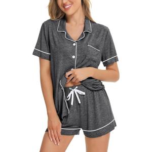 image:imageSWOMOG Womens Button Down Pajamas Set Short Sleeve Sleepwear Bride Soft Pj Lounge Sets XS3XLDeep Grey Piping Trim