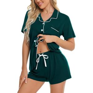 image:imageSWOMOG Womens Button Down Pajamas Set Short Sleeve Sleepwear Bride Soft Pj Lounge Sets XS3XLEmerald