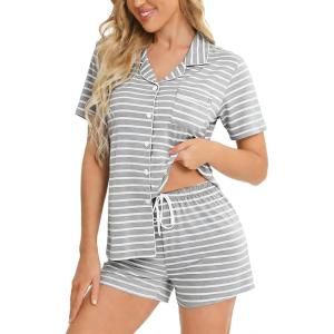 image:imageSWOMOG Womens Button Down Pajamas Set Short Sleeve Sleepwear Bride Soft Pj Lounge Sets XS3XLGray Strip