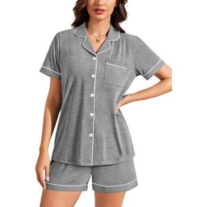 image:imageSWOMOG Womens Button Down Pajamas Set Short Sleeve Sleepwear Bride Soft Pj Lounge Sets XS3XLHeathered Grey