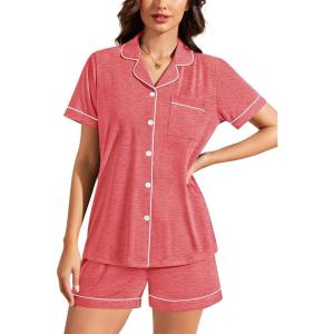 image:imageSWOMOG Womens Button Down Pajamas Set Short Sleeve Sleepwear Bride Soft Pj Lounge Sets XS3XLHeathered Pink