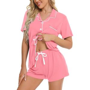 image:imageSWOMOG Womens Button Down Pajamas Set Short Sleeve Sleepwear Bride Soft Pj Lounge Sets XS3XLPeach Pink