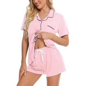image:imageSWOMOG Womens Button Down Pajamas Set Short Sleeve Sleepwear Bride Soft Pj Lounge Sets XS3XLPink