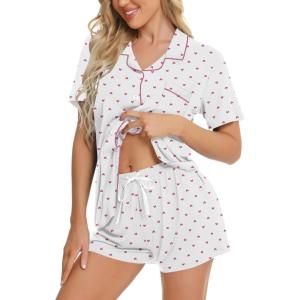 image:imageSWOMOG Womens Button Down Pajamas Set Short Sleeve Sleepwear Bride Soft Pj Lounge Sets XS3XLPink Polka Dot Hearts