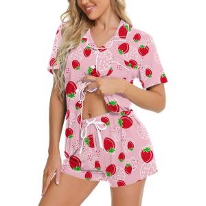 image:imageSWOMOG Womens Button Down Pajamas Set Short Sleeve Sleepwear Bride Soft Pj Lounge Sets XS3XLPink Strawberry