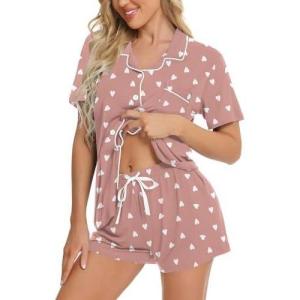 image:imageSWOMOG Womens Button Down Pajamas Set Short Sleeve Sleepwear Bride Soft Pj Lounge Sets XS3XLTaro Purple Heart