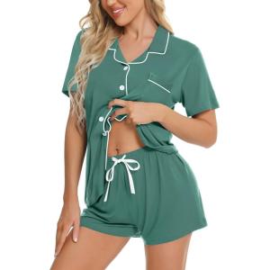 image:imageSWOMOG Womens Button Down Pajamas Set Short Sleeve Sleepwear Bride Soft Pj Lounge Sets XS3XLTeal Green