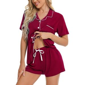 image:imageSWOMOG Womens Button Down Pajamas Set Short Sleeve Sleepwear Bride Soft Pj Lounge Sets XS3XLWine Red