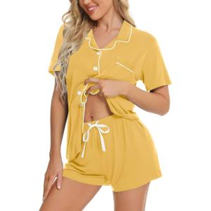 image:imageSWOMOG Womens Button Down Pajamas Set Short Sleeve Sleepwear Bride Soft Pj Lounge Sets XS3XLYellow