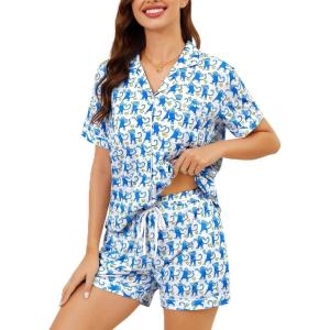 image:imageSWOMOG Womens Button Down Pajamas Set Short Sleeve Sleepwear Bride Soft Pj Lounge Sets XS3XLZblue Monkey