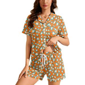 image:imageSWOMOG Womens Button Down Pajamas Set Short Sleeve Sleepwear Bride Soft Pj Lounge Sets XS3XLZorange Leopard