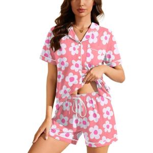 image:imageSWOMOG Womens Button Down Pajamas Set Short Sleeve Sleepwear Bride Soft Pj Lounge Sets XS3XLZpeach Flower