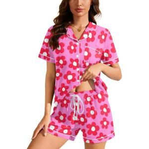 image:imageSWOMOG Womens Button Down Pajamas Set Short Sleeve Sleepwear Bride Soft Pj Lounge Sets XS3XLZrose Flower