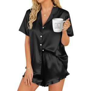 image:imageSWOMOG Womens Silk Satin Pajamas Set Short Sleeve Button Down Sleepwear Ruffle Hem Shorts PJ Sets TwoPiece LoungewearAblack