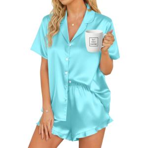 image:imageSWOMOG Womens Silk Satin Pajamas Set Short Sleeve Button Down Sleepwear Ruffle Hem Shorts PJ Sets TwoPiece LoungewearLight Blue