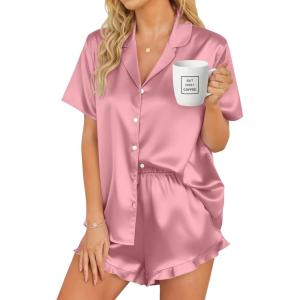 image:imageSWOMOG Womens Silk Satin Pajamas Set Short Sleeve Button Down Sleepwear Ruffle Hem Shorts PJ Sets TwoPiece LoungewearMisty Rose