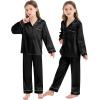 image:imageSWOMOG Family Matching Button Down Pajamas Pjs Silk Satin Long Sleeve Shirt Long Pants Set Sleepwear 2 Pcs Outfits LoungewearBlack