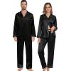 image:imageSWOMOG Family Matching Button Down Pajamas Pjs Silk Satin Long Sleeve Shirt Long Pants Set Sleepwear 2 Pcs Outfits LoungewearBlack