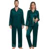 image:imageSWOMOG Family Matching Button Down Pajamas Pjs Silk Satin Long Sleeve Shirt Long Pants Set Sleepwear 2 Pcs Outfits LoungewearGreen