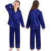 image:imageSWOMOG Family Matching Button Down Pajamas Pjs Silk Satin Long Sleeve Shirt Long Pants Set Sleepwear 2 Pcs Outfits LoungewearNavy Blue