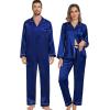 image:imageSWOMOG Family Matching Button Down Pajamas Pjs Silk Satin Long Sleeve Shirt Long Pants Set Sleepwear 2 Pcs Outfits LoungewearNavy Blue