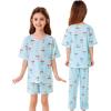 image:imageSWOMOG Girls Pajamas Sets 3 Piece Short Sleeve Sleepwear Summer Cute Pjs Cartoon Print Loungewear for Kids Size 615Blue Cherry