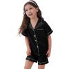 image:imageSWOMOG Kids Satin Pajamas Sets Girls Boys ButtonDown Pjs Short Sleeve Silk Nightwear 2 Piece Lounge SetsBlack