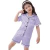 image:imageSWOMOG Kids Satin Pajamas Sets Girls Boys ButtonDown Pjs Short Sleeve Silk Nightwear 2 Piece Lounge SetsLavender