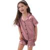image:imageSWOMOG Kids Satin Pajamas Sets Girls Boys ButtonDown Pjs Short Sleeve Silk Nightwear 2 Piece Lounge SetsMisty Rose