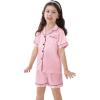 image:imageSWOMOG Kids Satin Pajamas Sets Girls Boys ButtonDown Pjs Short Sleeve Silk Nightwear 2 Piece Lounge SetsPink