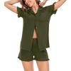 image:imageSWOMOG Woman Pajama Set Short Sleeve Pjs Set 2Pcs Short Pajamas Button Down Ruffle Hem Sleepwear Soft Modal LoungewearArmy Green