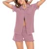 image:imageSWOMOG Woman Pajama Set Short Sleeve Pjs Set 2Pcs Short Pajamas Button Down Ruffle Hem Sleepwear Soft Modal LoungewearTaro Purple