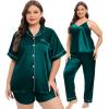 image:imageSWOMOG Women Plus Size Pajama Set 4pcs Silk Satin Sleepwear Button Down Pjs Cami Shorts Set Loose Loungewear 16W26WDark Green