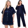 image:imageSWOMOG Women Plus Size Pajama Set 4pcs Silk Satin Sleepwear Button Down Pjs Cami Shorts Set Loose Loungewear 16W26WDark Midnight Blue