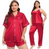 image:imageSWOMOG Women Plus Size Pajama Set 4pcs Silk Satin Sleepwear Button Down Pjs Cami Shorts Set Loose Loungewear 16W26WDeep Red
